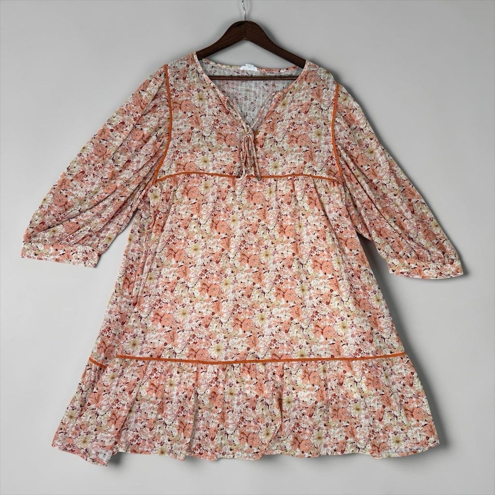 Chic Soul Peach Floral Tiered Dress XL 1X Cottagecore Boho Peasant Puff Sleeves